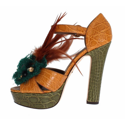 Dolce & Gabbana Leather Crystal Platform Sandals Adjustable Buckle Ankle