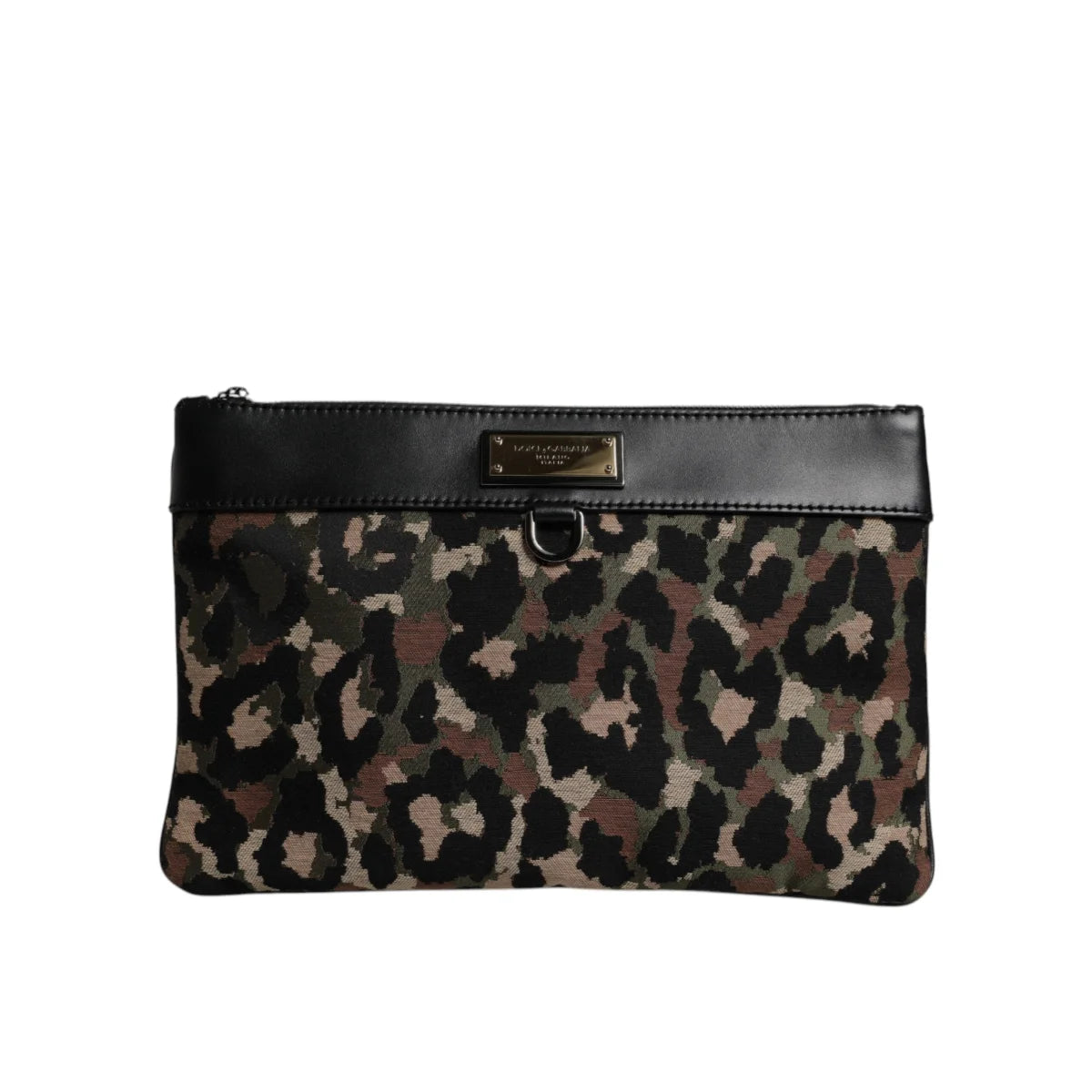 Dolce & Gabbana Leopard Print Pouch Bag with Logo Plaque Detailing