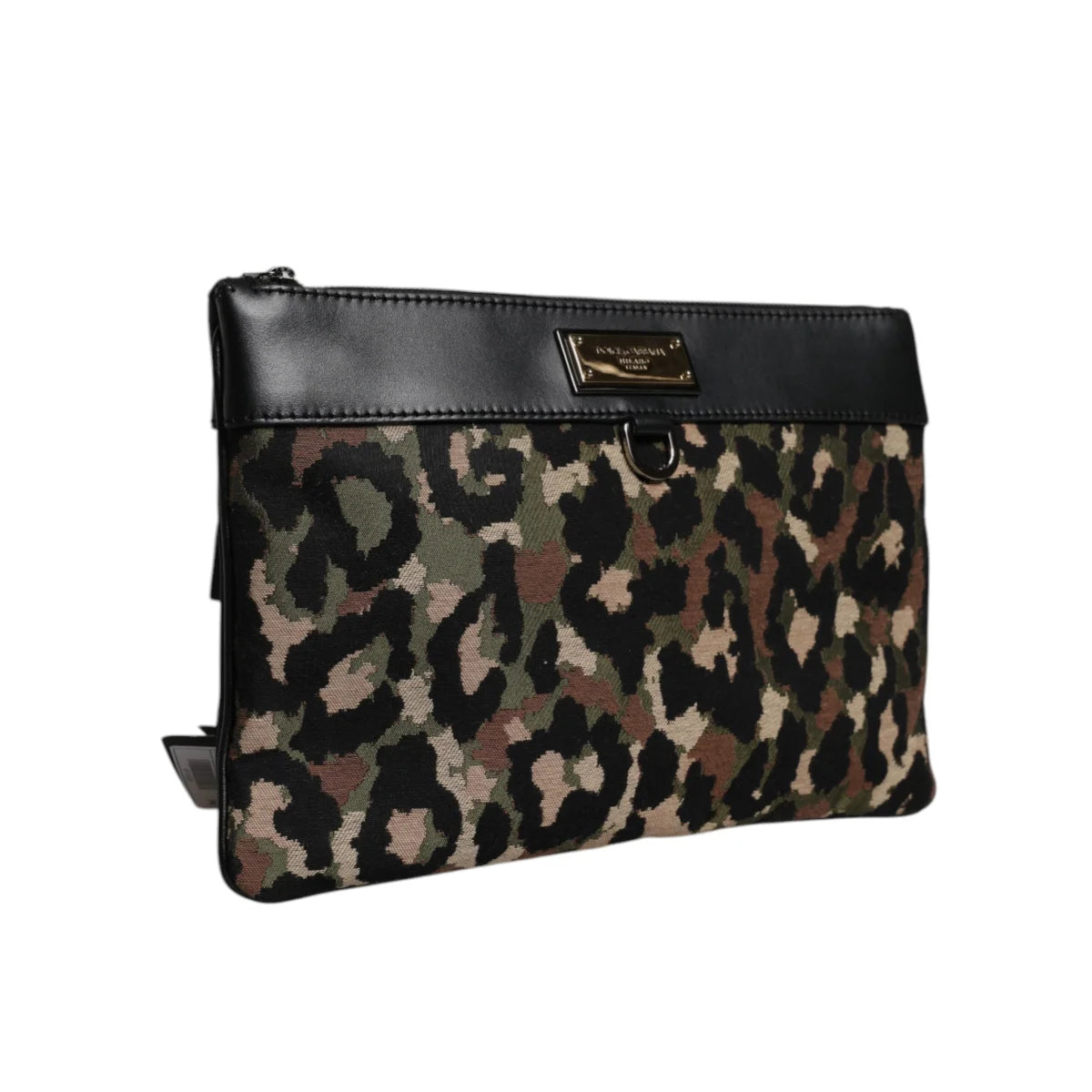 Dolce & Gabbana Leopard Print Pouch Bag with Logo Plaque Detailing