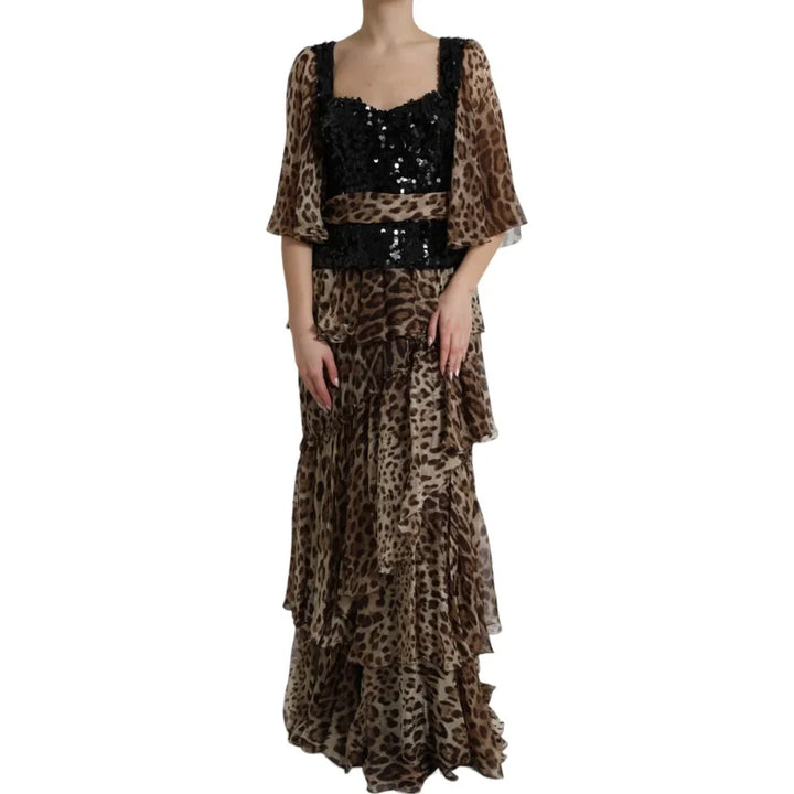 Dolce &amp; Gabbana Leopard Print Silk Sequin Ruffle Maxi Dress