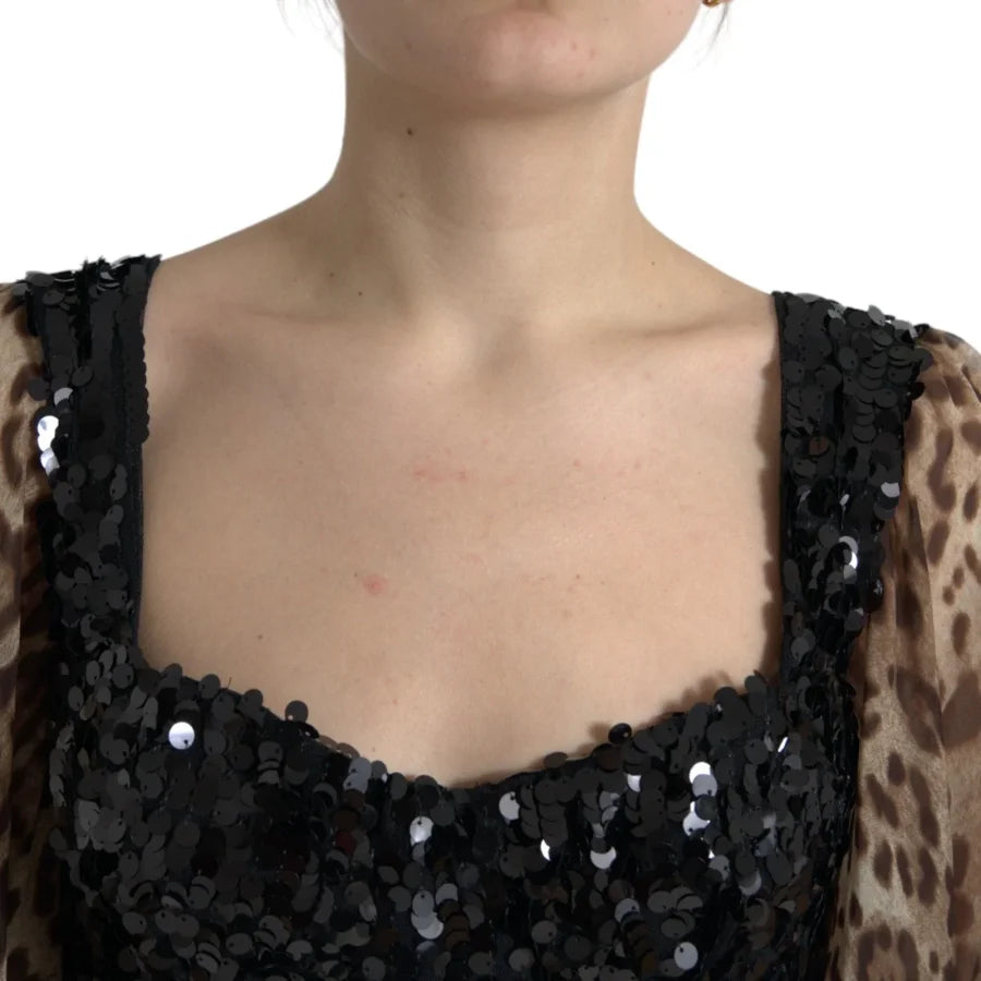 Dolce &amp; Gabbana Leopard Print Silk Sequin Ruffle Maxi Dress