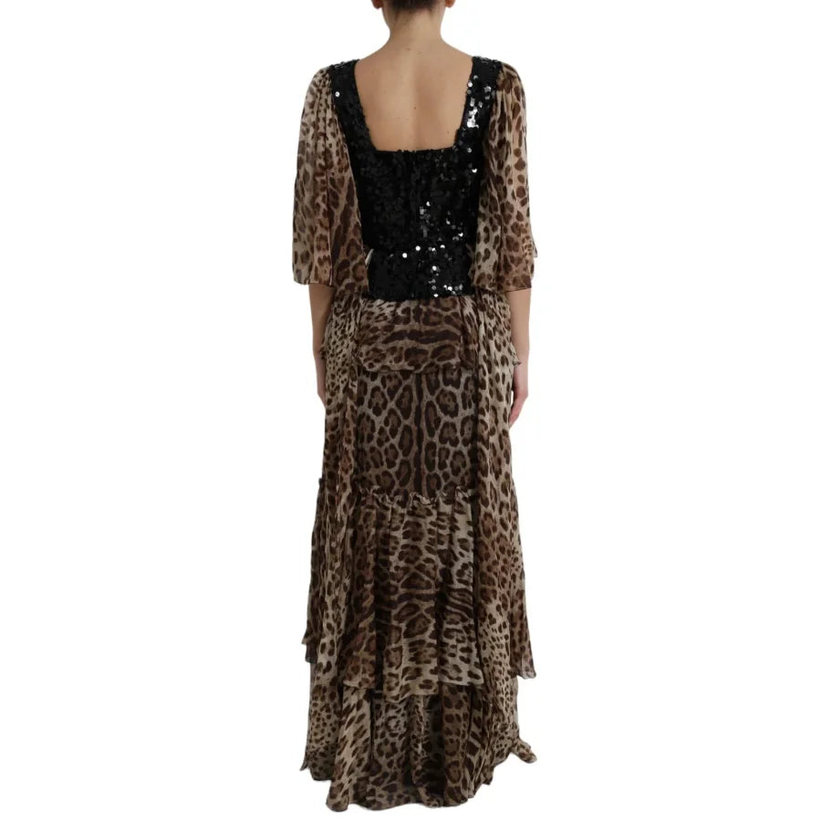 Dolce &amp; Gabbana Leopard Print Silk Sequin Ruffle Maxi Dress