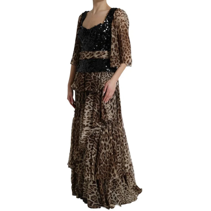 Dolce &amp; Gabbana Leopard Print Silk Sequin Ruffle Maxi Dress