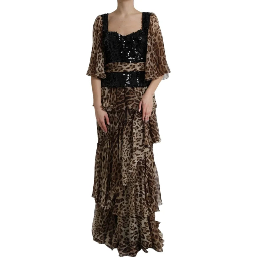 Dolce &amp; Gabbana Leopard Print Silk Sequin Ruffle Maxi Dress