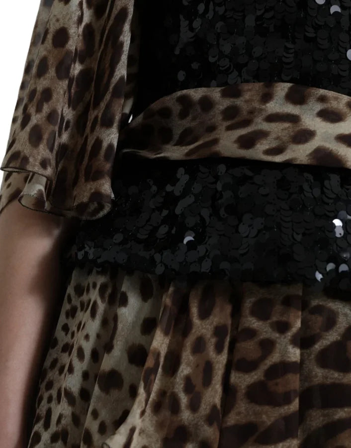 Dolce &amp; Gabbana Leopard Print Silk Sequin Ruffle Maxi Dress