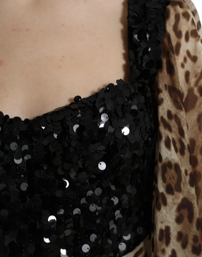 Dolce &amp; Gabbana Leopard Print Silk Sequin Ruffle Maxi Dress