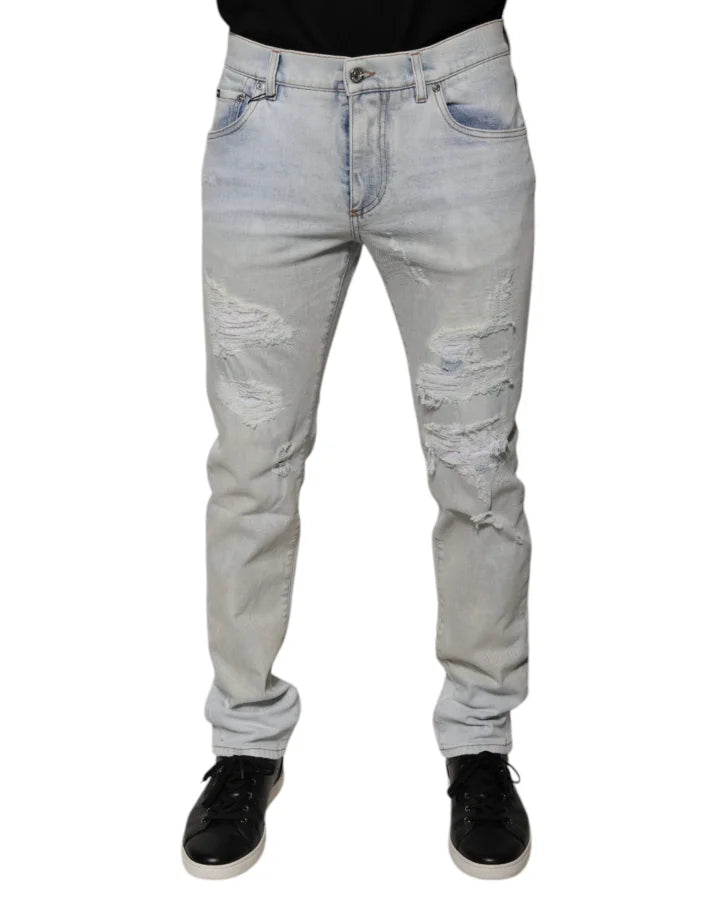 Dolce &amp; Gabbana Light Blue Cotton Blend Tattered Skinny Denim Jeans