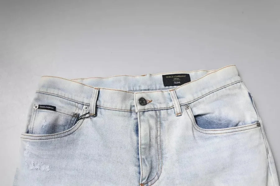 Dolce &amp; Gabbana Light Blue Cotton Blend Tattered Skinny Denim Jeans