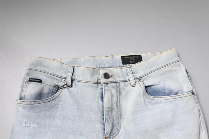 Dolce &amp; Gabbana Light Blue Cotton Blend Tattered Skinny Denim Jeans