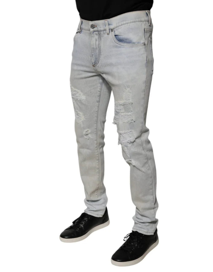 Dolce &amp; Gabbana Light Blue Cotton Blend Tattered Skinny Denim Jeans