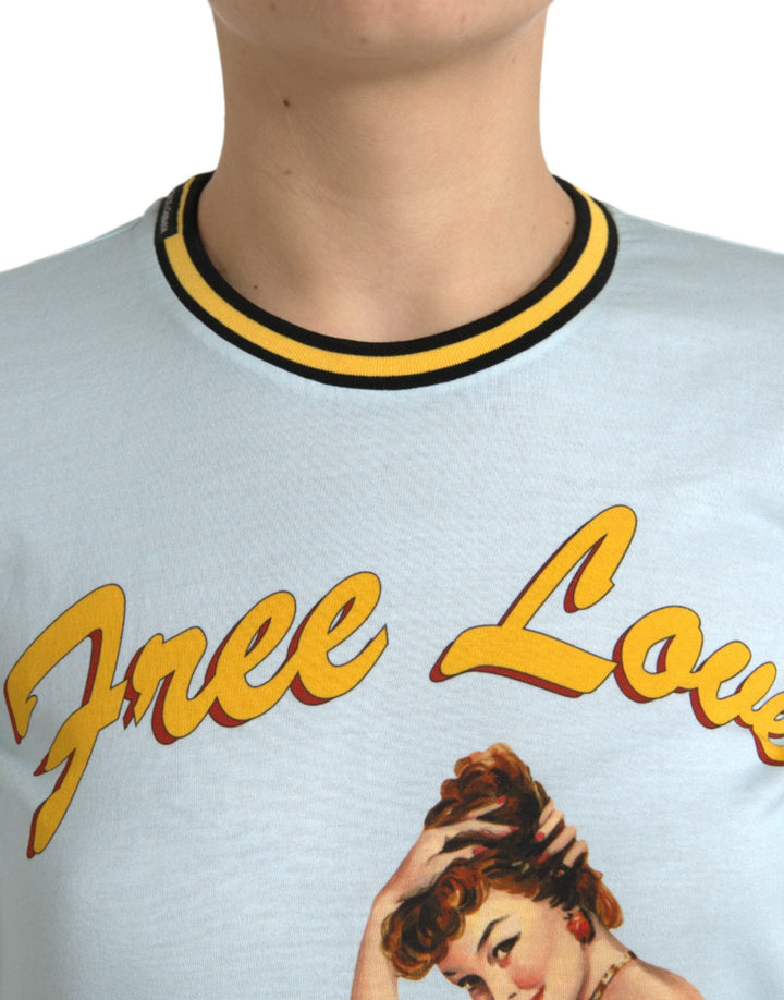 Dolce &amp; Gabbana - Light Blue Cotton Free Love Crew Neck T-shirt