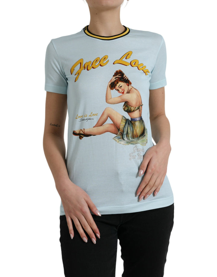 Dolce &amp; Gabbana - Light Blue Cotton Free Love Crew Neck T-shirt