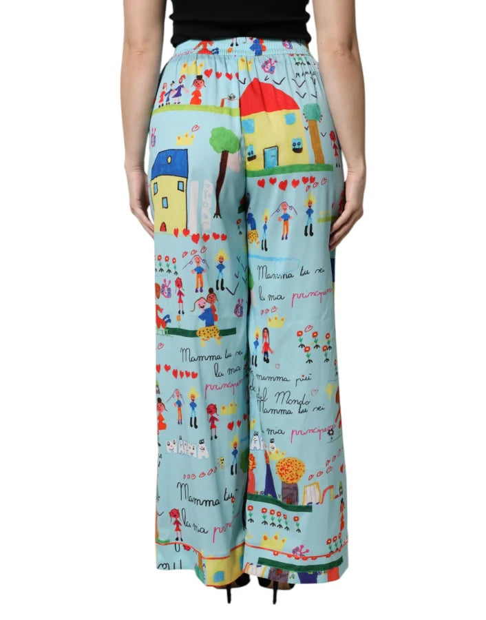Dolce &amp; Gabbana Light Blue Drawing Mid Waist Wide Leg Pants