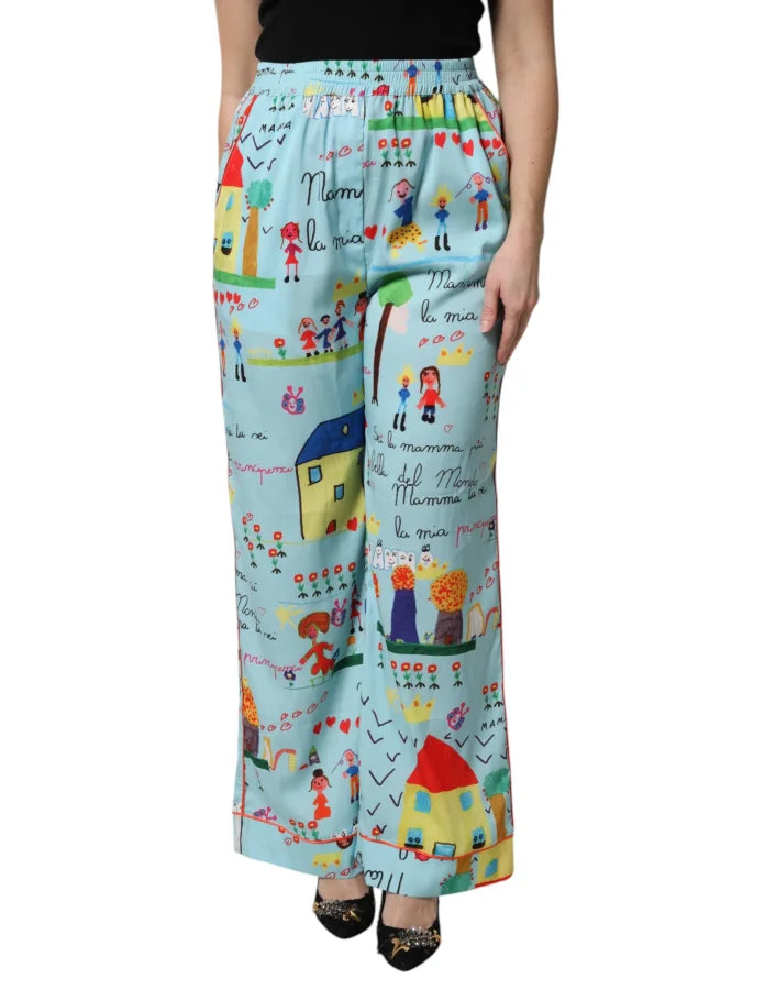 Dolce &amp; Gabbana Light Blue Drawing Mid Waist Wide Leg Pants