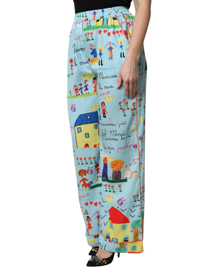 Dolce &amp; Gabbana Light Blue Drawing Mid Waist Wide Leg Pants