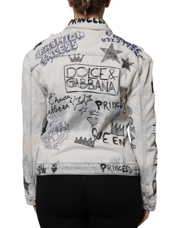 Dolce &amp; Gabbana Trucker Jackets - Light Blue Graffiti Button Down Denim Jacket