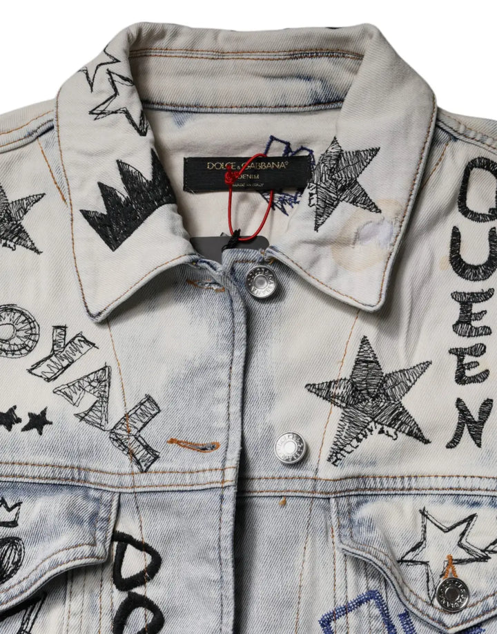 Dolce &amp; Gabbana Light Blue Graffiti Button Down Denim Jacket