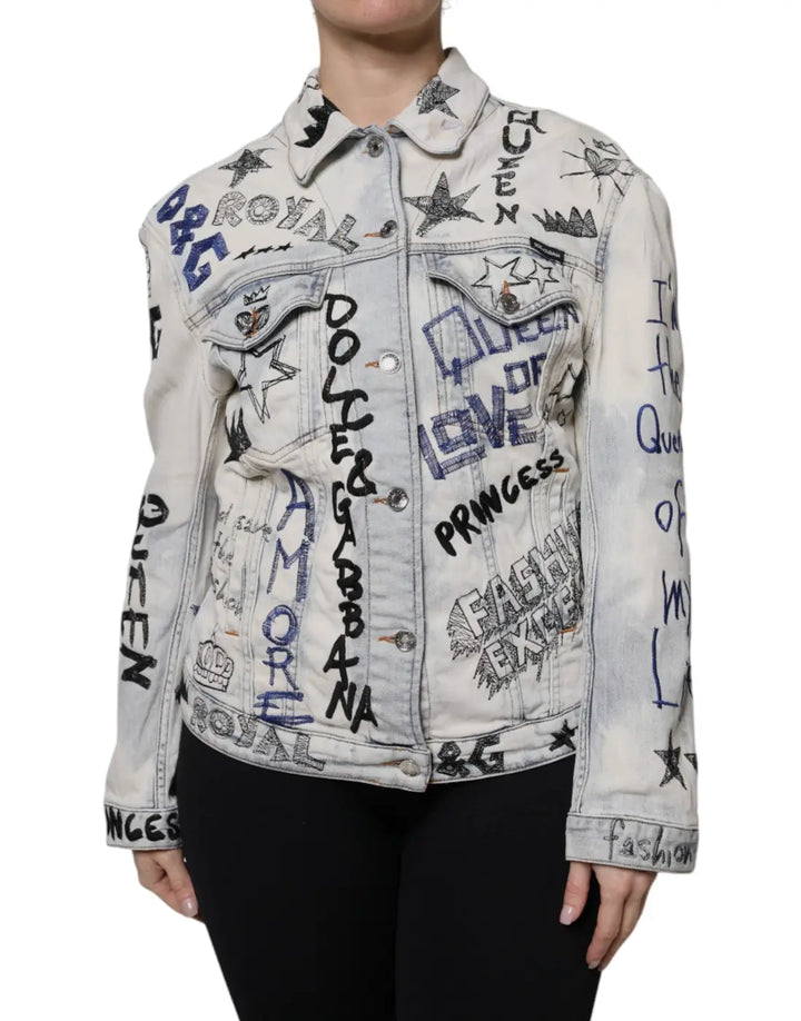 Dolce &amp; Gabbana Light Blue Graffiti Button Down Denim Jacket
