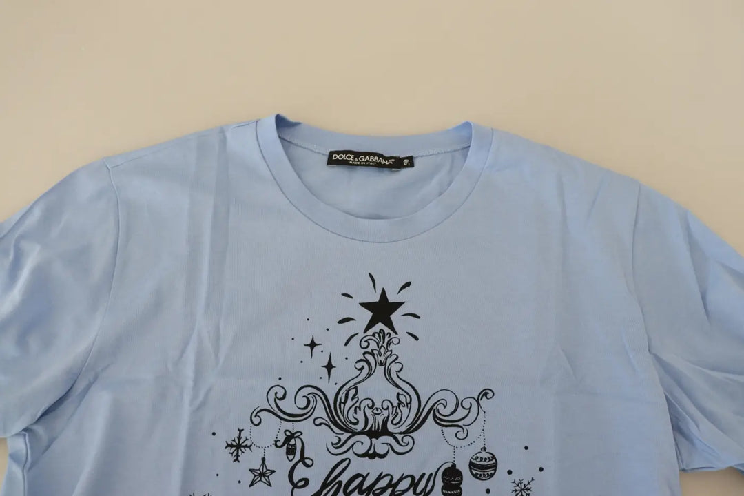 Dolce &amp; Gabbana Light Blue Happy New Year 2017 Cotton T-shirt