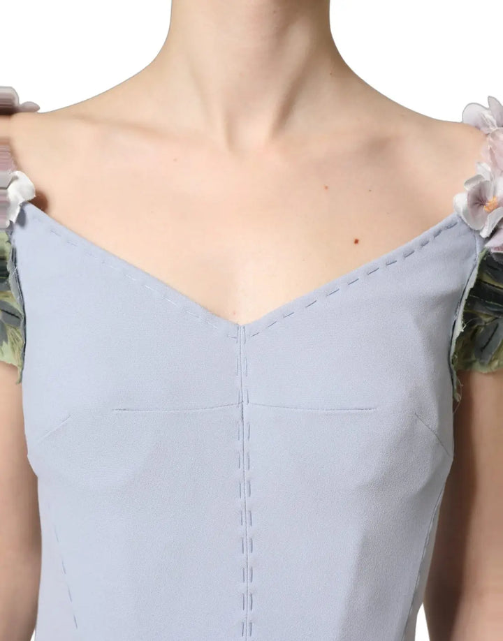 Dolce &amp; Gabbana Light Blue Hydrangea Embellished Cap Sleeve Dress