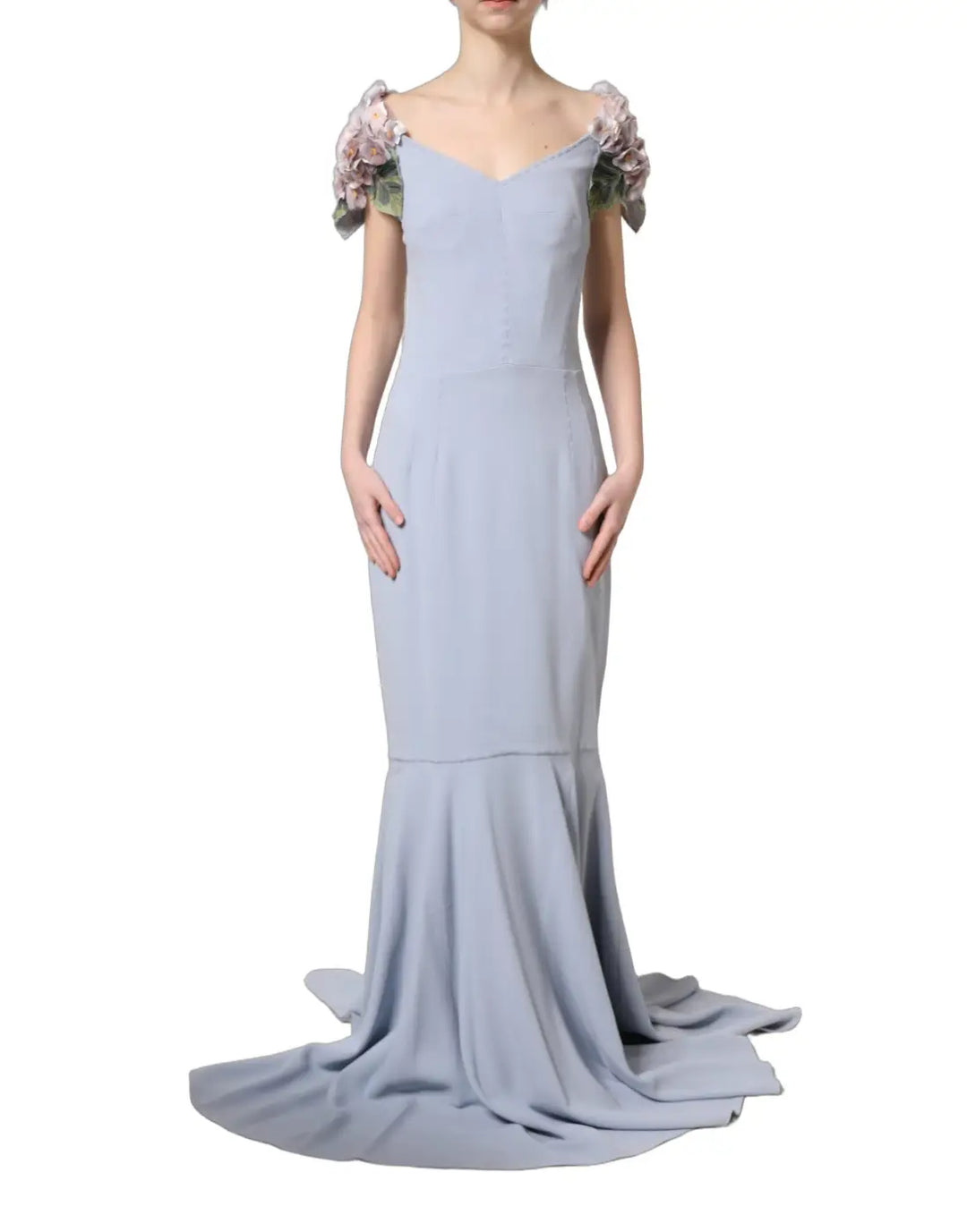 Dolce &amp; Gabbana Light Blue Hydrangea Embellished Cap Sleeve Dress
