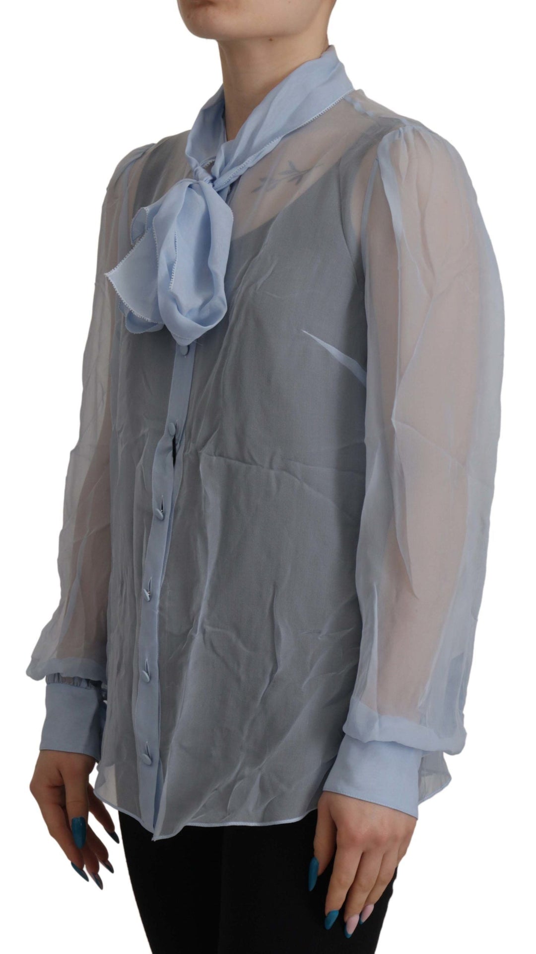 Dolce &amp; Gabbana - Light Blue Silk Ascot Collar Long Sleeves Top