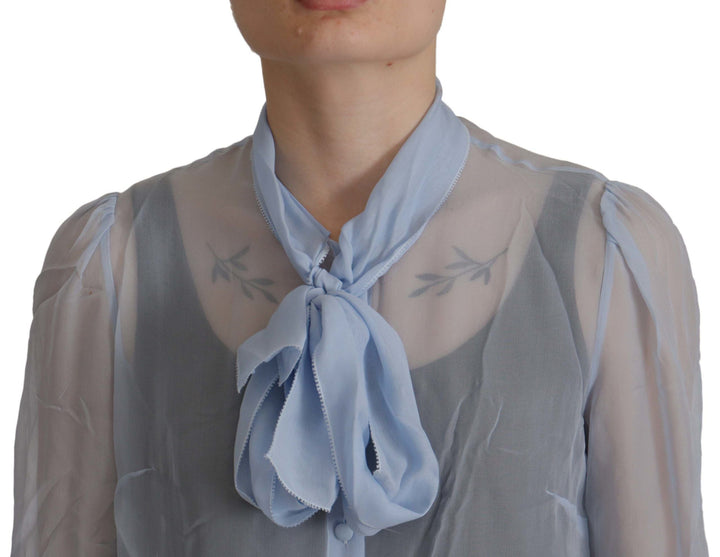 Dolce &amp; Gabbana - Light Blue Silk Ascot Collar Long Sleeves Top