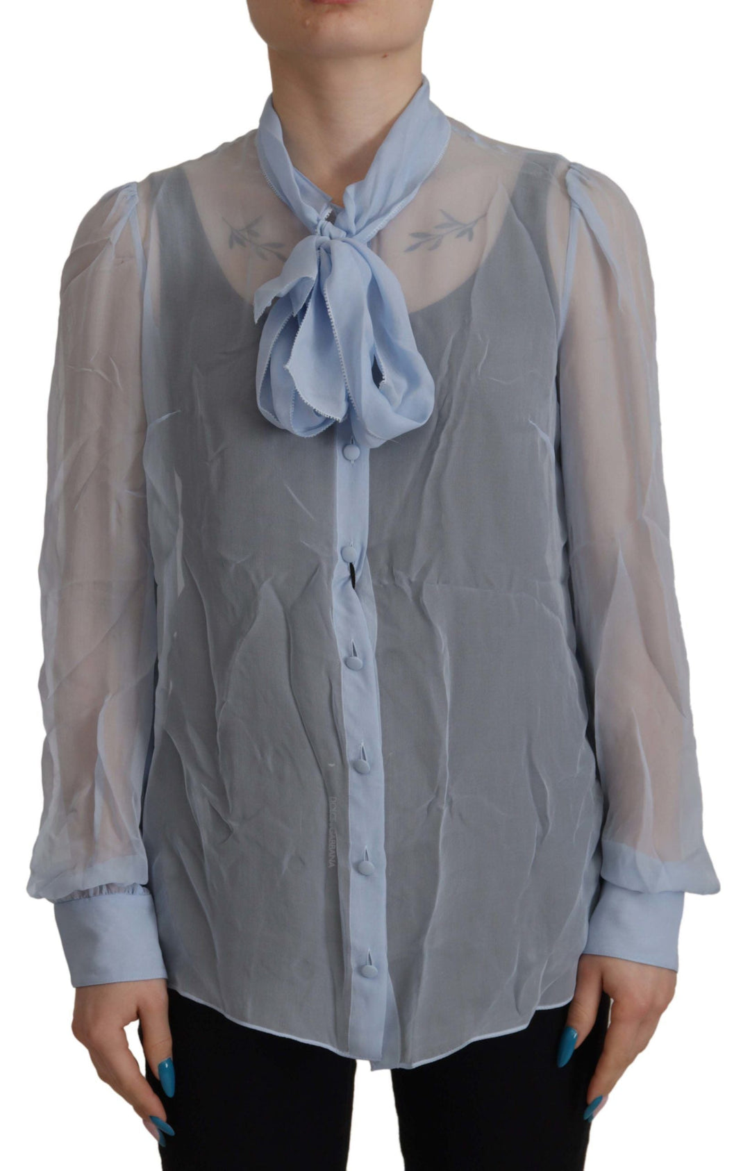 Dolce &amp; Gabbana - Light Blue Silk Ascot Collar Long Sleeves Top