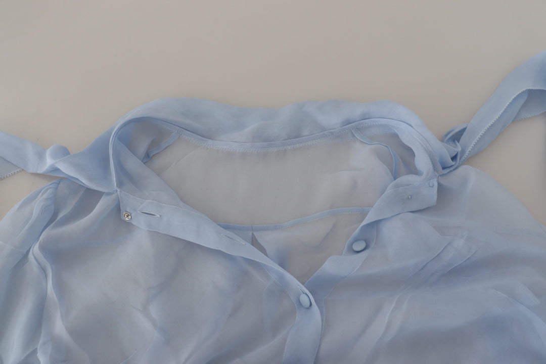 Dolce &amp; Gabbana - Light Blue Silk Ascot Collar Long Sleeves Top