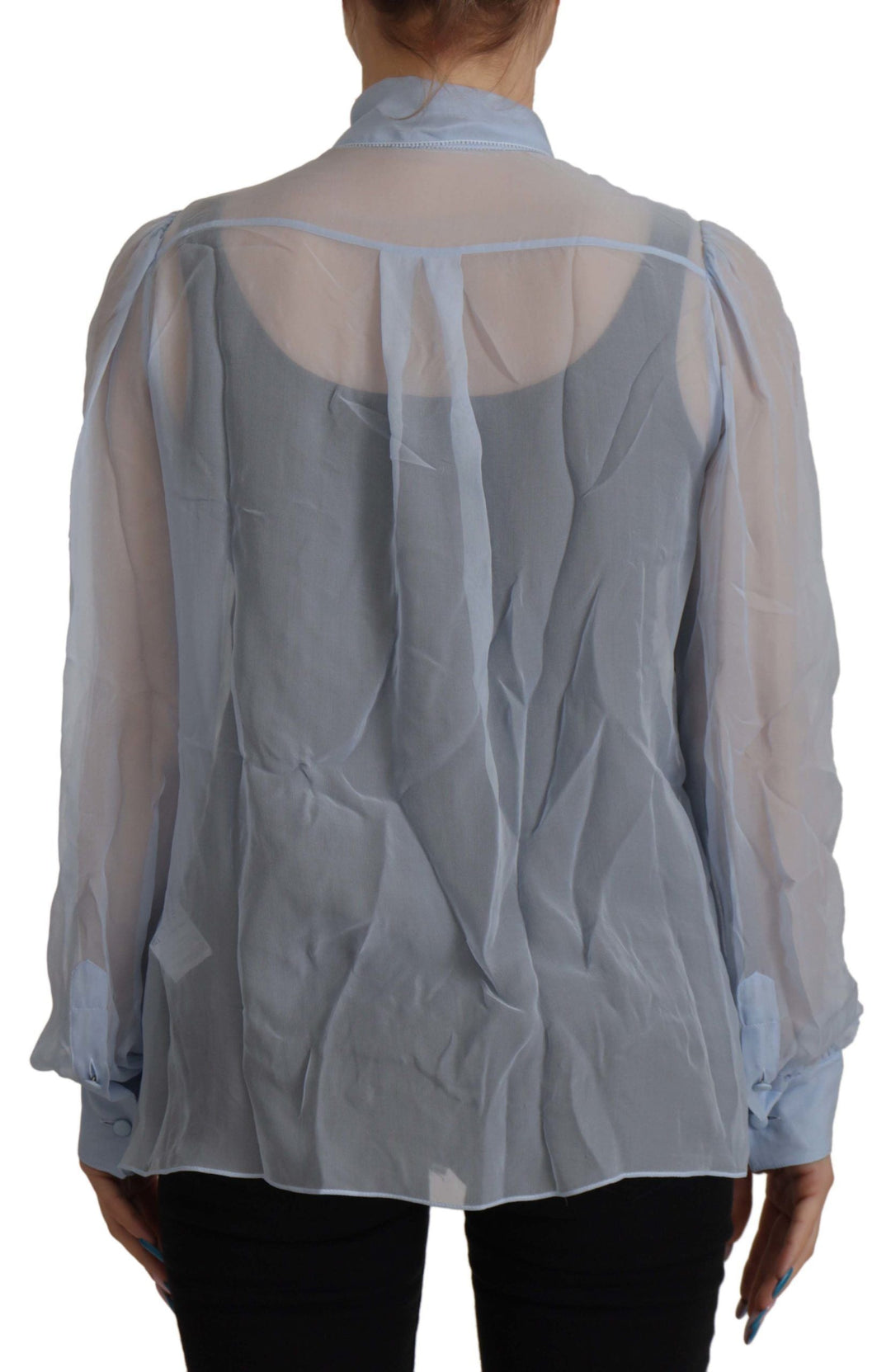 Dolce &amp; Gabbana - Light Blue Silk Ascot Collar Long Sleeves Top