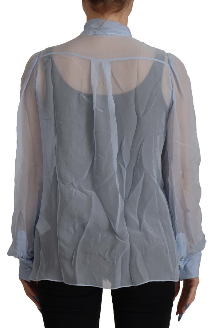 Dolce &amp; Gabbana - Light Blue Silk Ascot Collar Long Sleeves Top