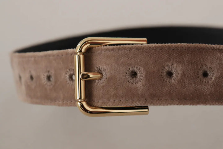 Dolce &amp; Gabbana Light Brown Velvet Gold Tone Logo Metal Buckle Belt