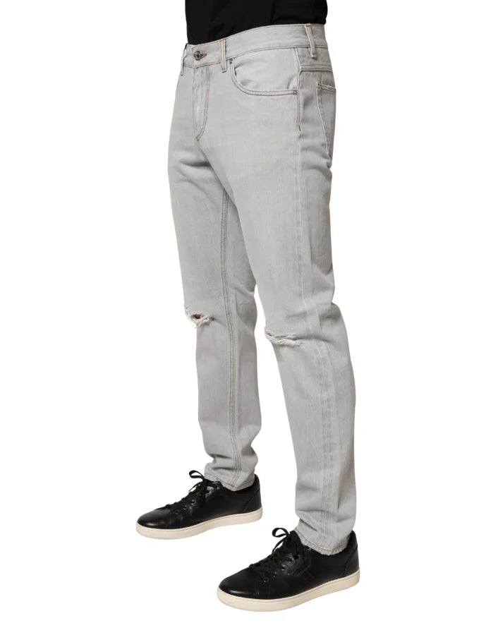 Dolce &amp; Gabbana Light Gray Ripped Cotton Regular Denim Jeans