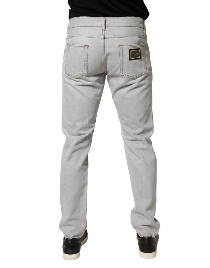 Dolce &amp; Gabbana Light Gray Ripped Cotton Regular Denim Jeans
