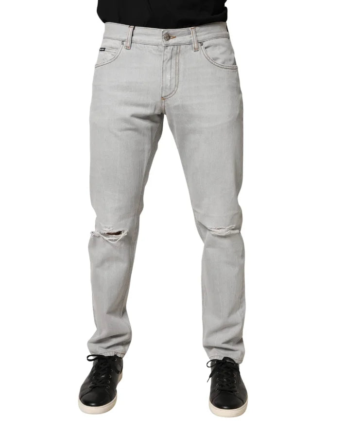 Dolce &amp; Gabbana Light Gray Ripped Cotton Regular Denim Jeans