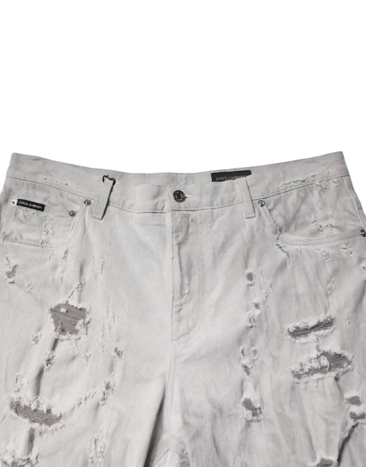 Dolce &amp; Gabbana Light Gray Tattered Men Denim Bermuda Shorts