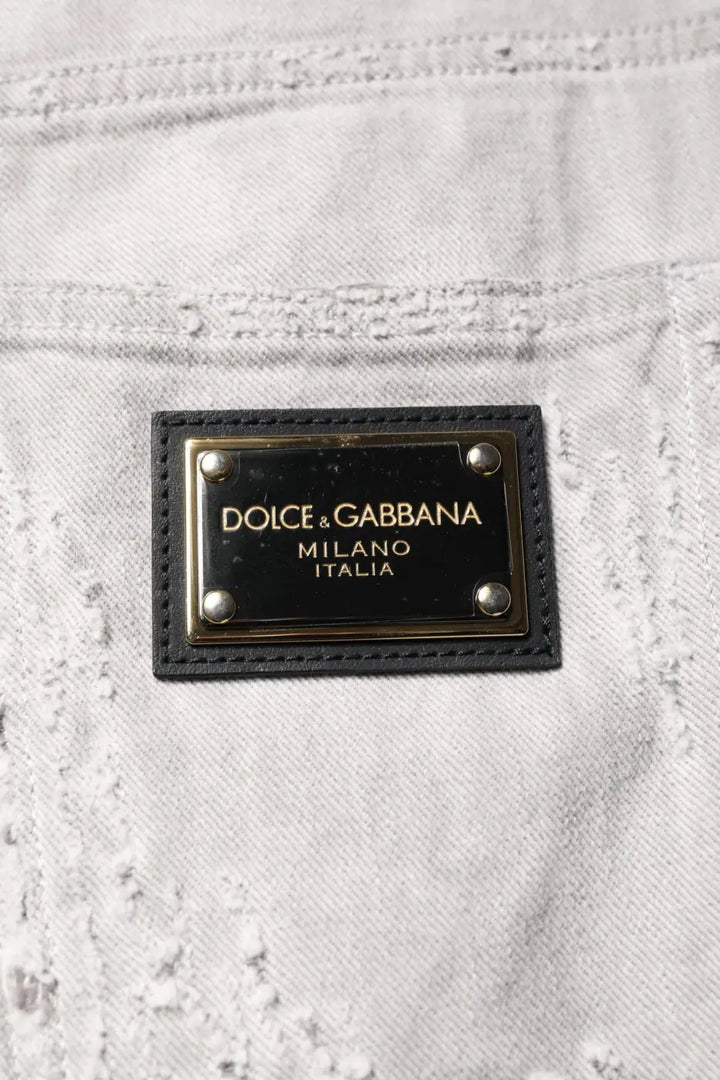 Dolce &amp; Gabbana Light Gray Tattered Men Denim Bermuda Shorts