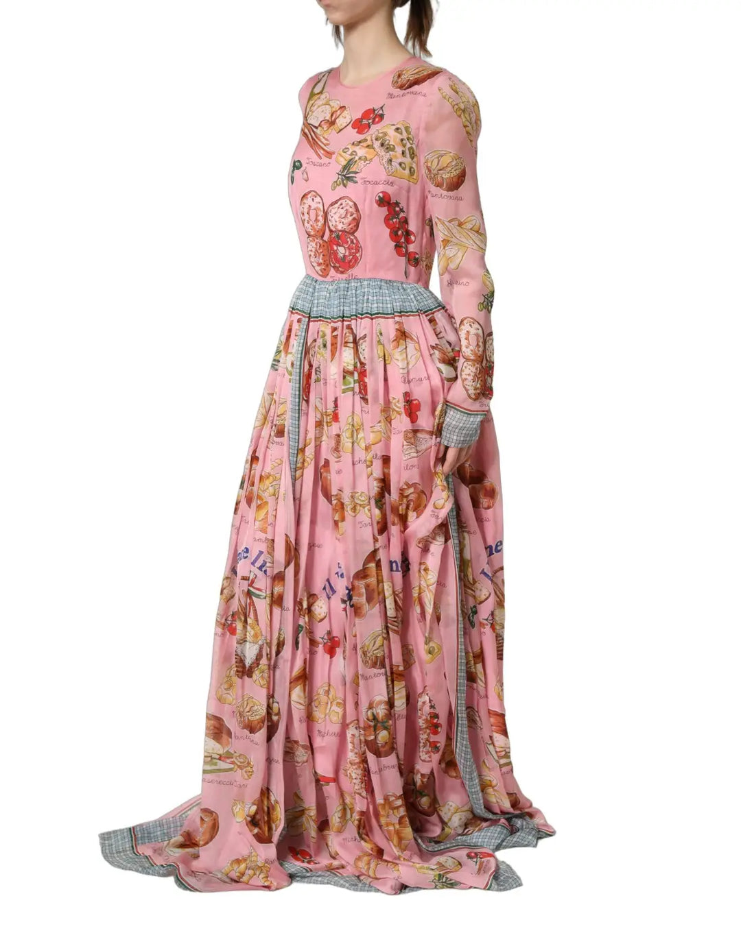 Dolce &amp; Gabbana Light Pink Bread Print Pleated Maxi Dress