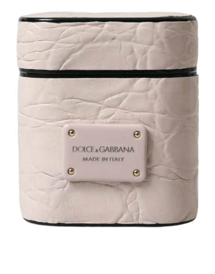 Dolce &amp; Gabbana Light Pink Calf Leather Metal Logo Plaque Airpods Case