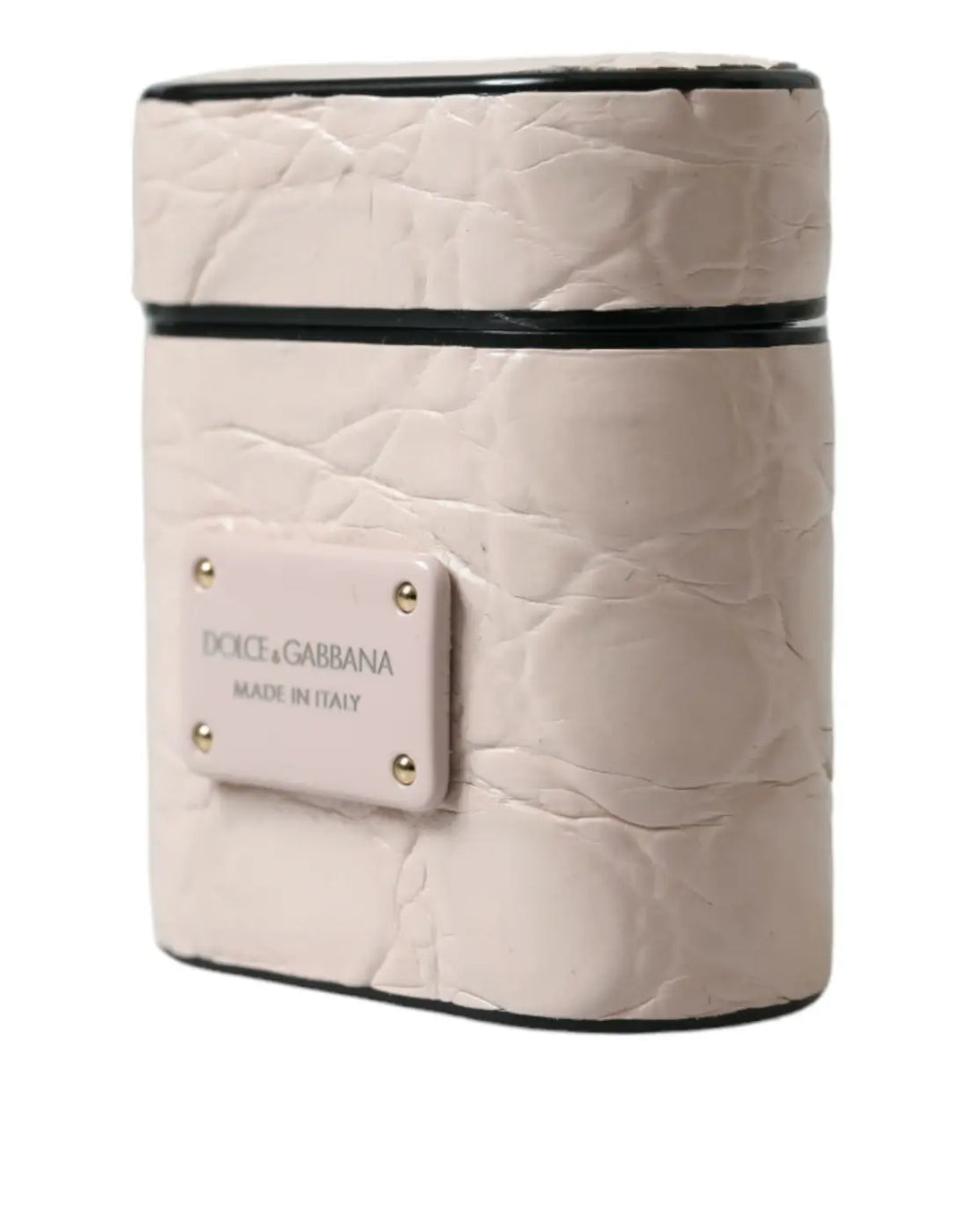 Dolce &amp; Gabbana Light Pink Calf Leather Metal Logo Plaque Airpods Case
