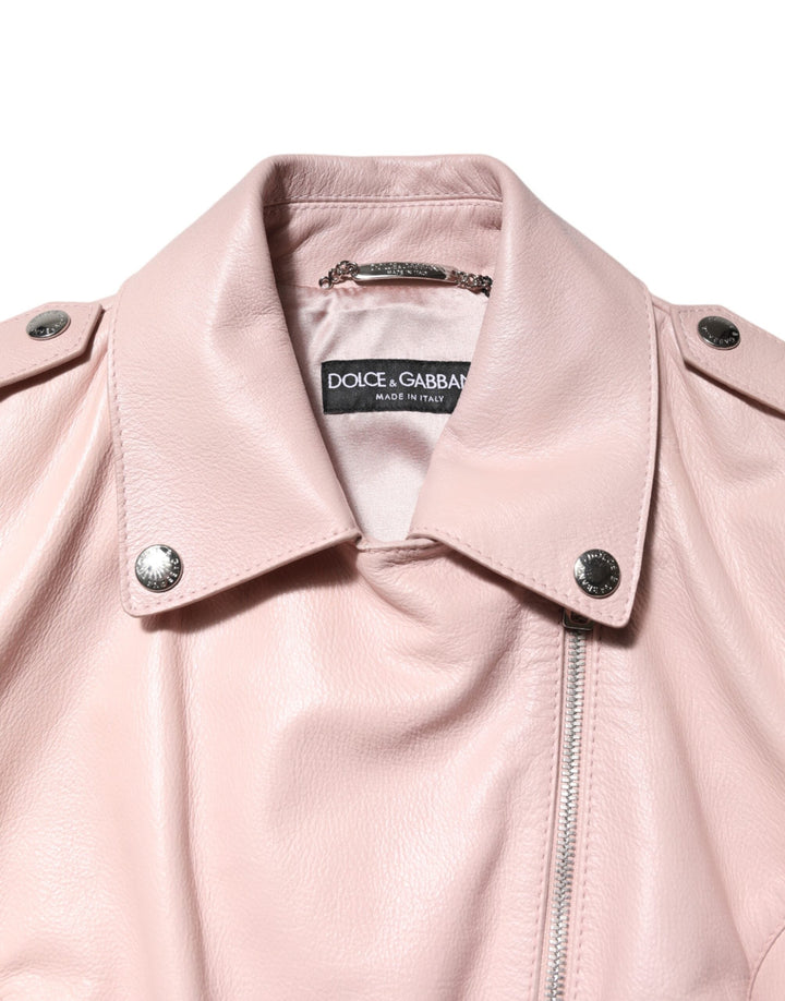 Dolce &amp; Gabbana Bomber Jackets - Light Pink Collar Leather Women Biker Jacket