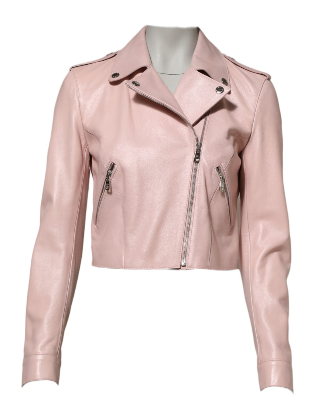 Dolce &amp; Gabbana Bomber Jackets - Light Pink Collar Leather Women Biker Jacket