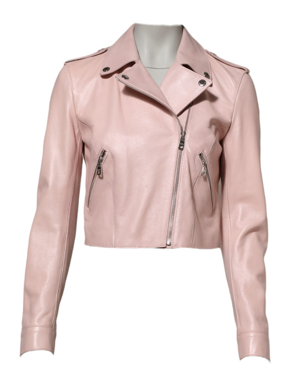 Dolce & Gabbana Bomber Jackets - Light Pink Collar Leather Women Biker Jacket