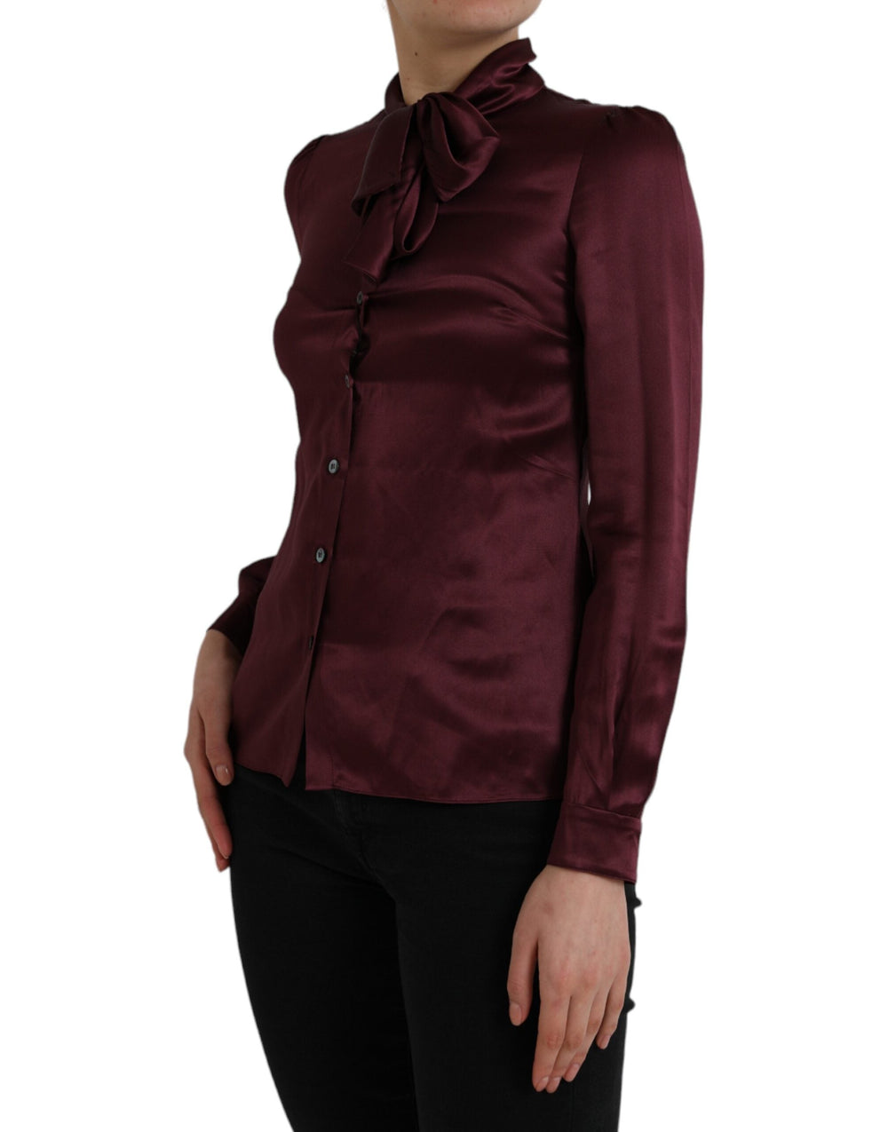 Dolce & Gabbana Blouses - Women’s Maroon Ascot Collar Long Sleeve Top Blouse
