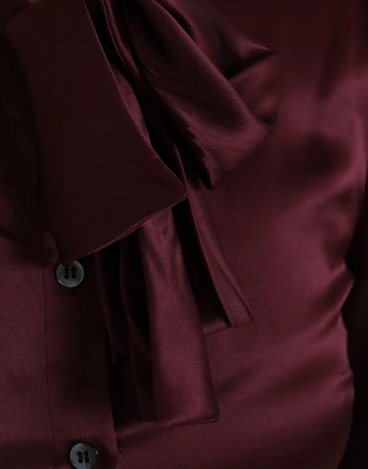 Dolce &amp; Gabbana Maroon Ascot Collar Long Sleeve Top Blouse