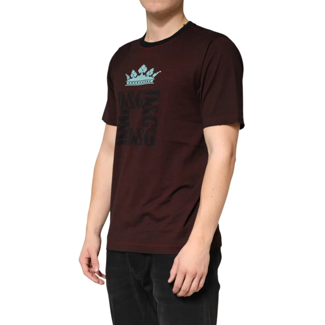 Dolce &amp; Gabbana Maroon DG Crown Cotton Crew Neck Men T-shirt