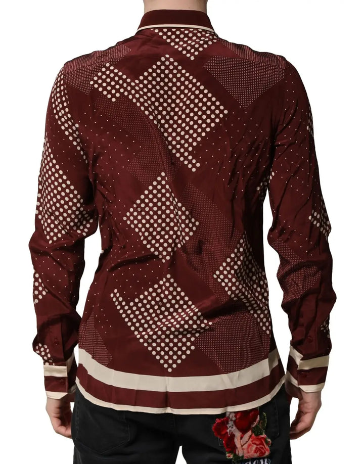 Dolce &amp; Gabbana Maroon Dotted Silk Long Sleeve Casual Shirt