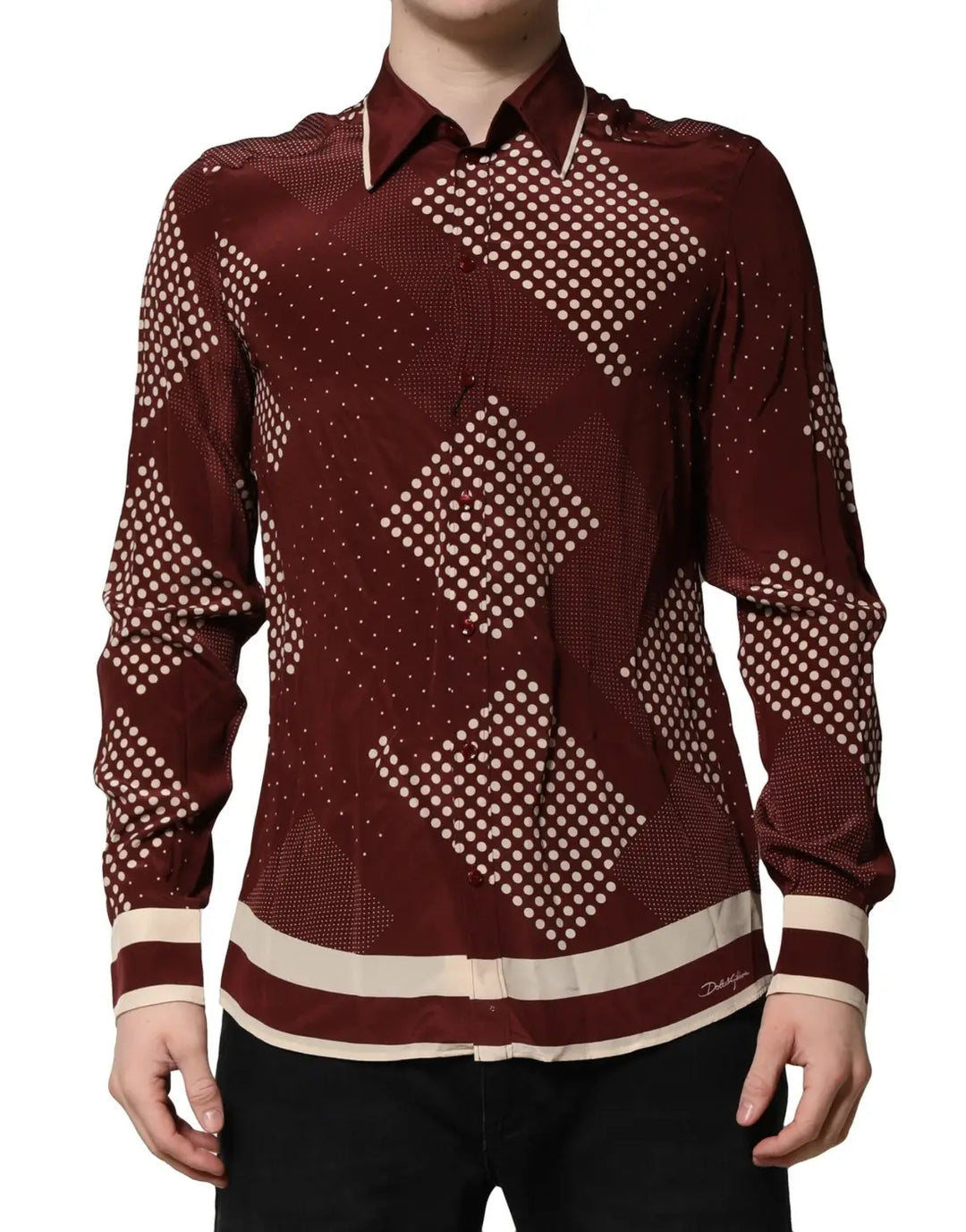 Dolce &amp; Gabbana Maroon Dotted Silk Long Sleeve Casual Shirt