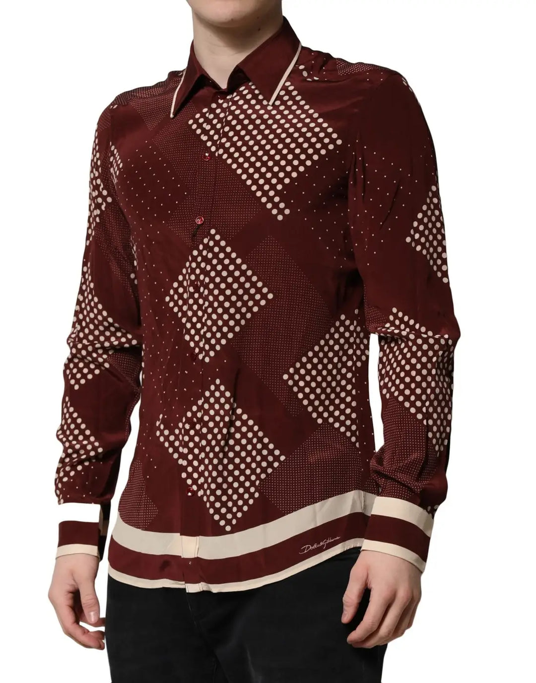 Dolce &amp; Gabbana Maroon Dotted Silk Long Sleeve Casual Shirt