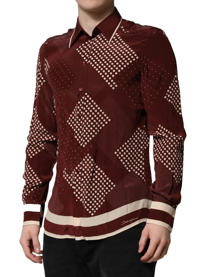Dolce &amp; Gabbana Maroon Dotted Silk Long Sleeve Casual Shirt